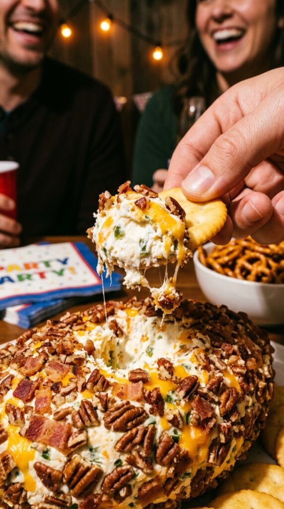 A close-up of a cracker scooping into a jalapeño popper cheese ball, revealing the creamy interior mixed with peppers and cheese.