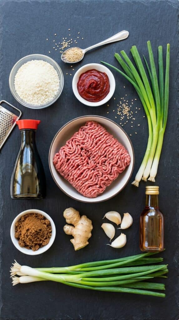 A flat lay showing raw ground beef, Panko, soy sauce, brown sugar, gochujang, ginger, garlic, and green onions on a slate board.
