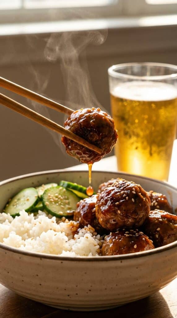 A close-up of chopsticks lifting a glossy, sauce-covered meatball from a rice bowl with cucumbers.