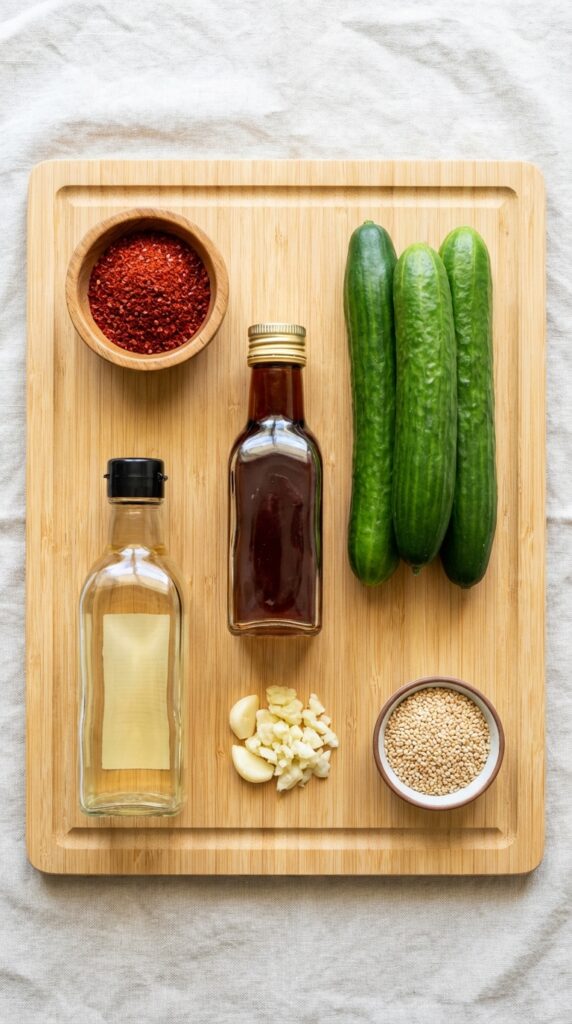 A flat lay showing fresh cucumbers, Gochugaru flakes, sesame oil, soy sauce, rice vinegar, and garlic on a bamboo board.