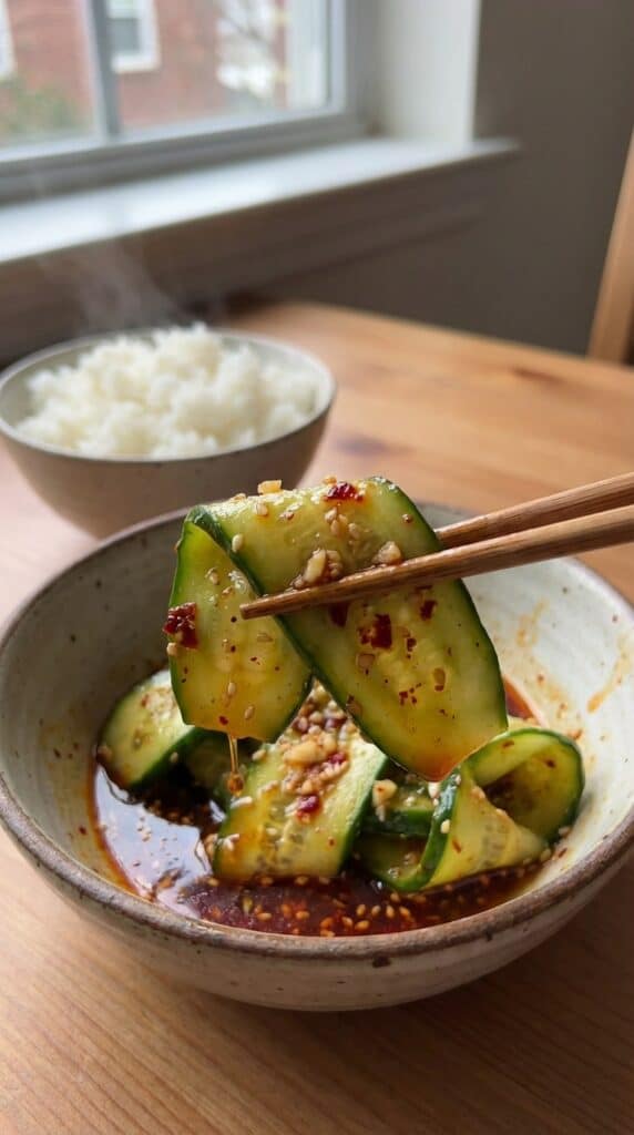 A close-up of wooden chopsticks lifting a glossy, seasoned slice of cucumber salad with a bowl of rice in the background.