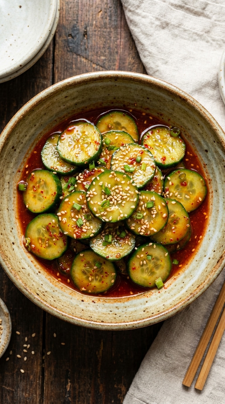 A top-down view of a rustic bowl filled with crisp green cucumber slices tossed in a red chili dressing and sesame seeds.