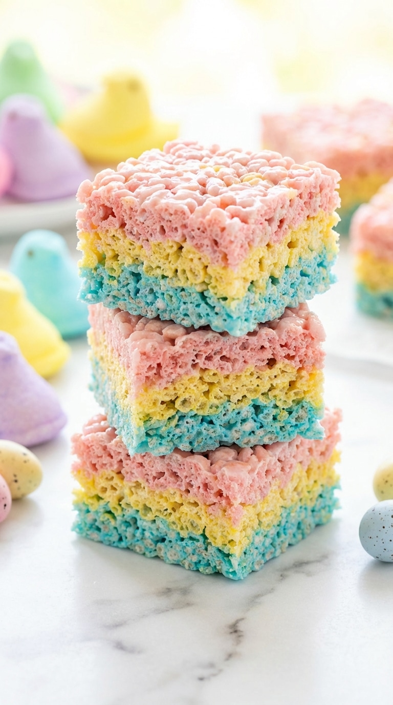 A stack of colorful layered Rice Krispie treats in pink, yellow, and blue pastel stripes with Easter candy in the background.