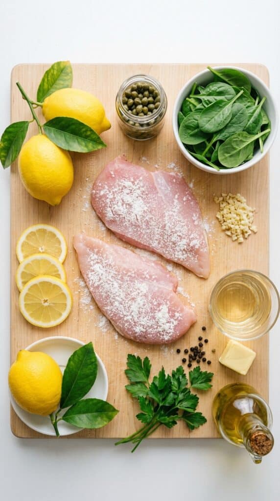 A flat lay showing raw thin chicken cutlets, lemons, capers, spinach, white wine, garlic, and butter on a wooden board.