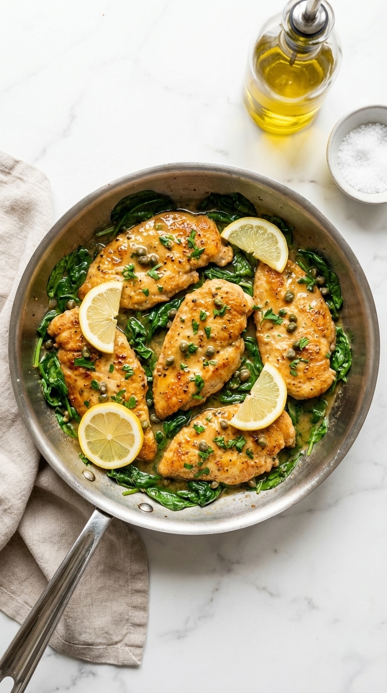 A top-down view of a skillet filled with golden chicken scallopini, wilted spinach, capers, and a bright lemon sauce.