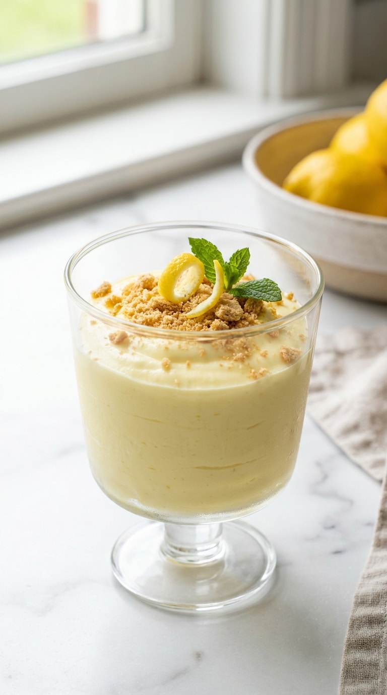 A clear glass cup filled with smooth, pale yellow lemon mousse topped with crushed graham crackers and a lemon twist.