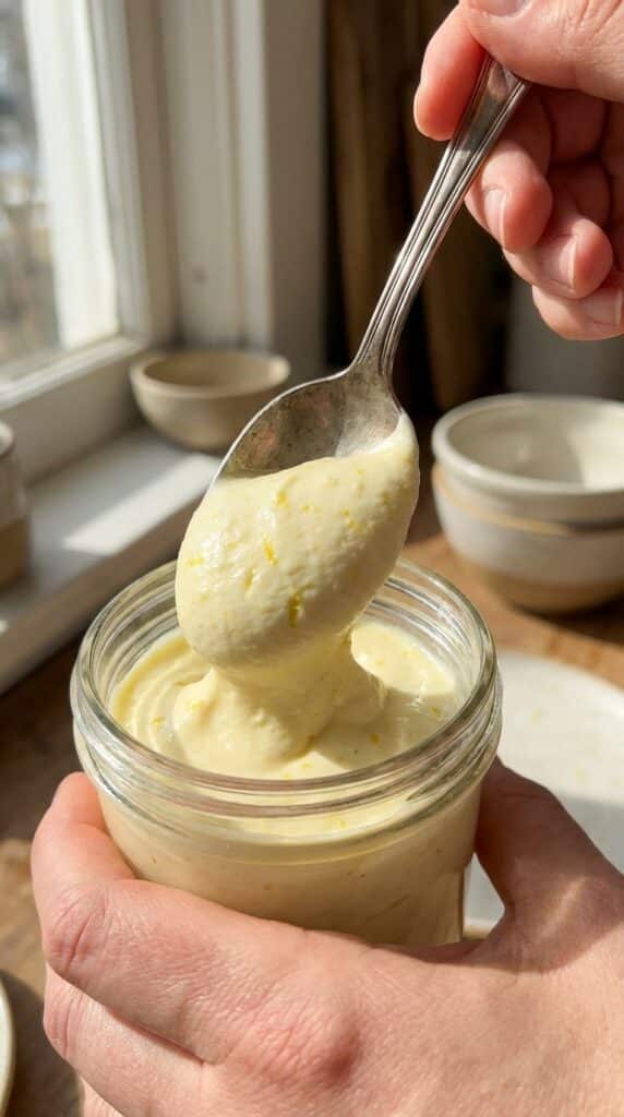 A close-up of a silver spoon lifting a thick, smooth dollop of lemon mousse with specks of zest visible.