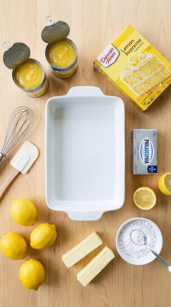 A flat lay showing cans of lemon pie filling, a box of cake mix, cream cheese, butter, and powdered sugar around a baking dish.
