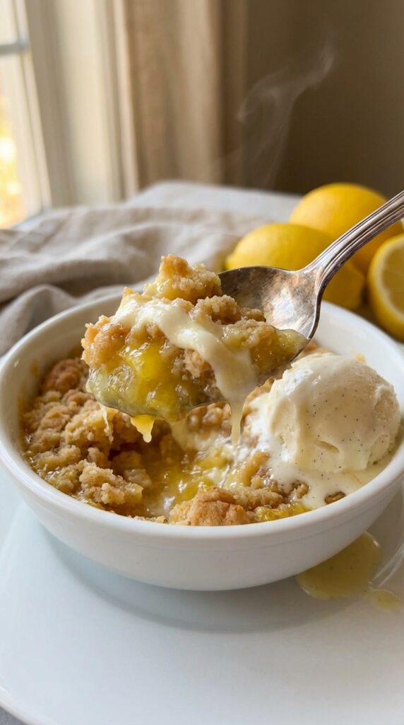 A close-up of a spoon lifting a warm, gooey bite of lemon dump cake next to melting vanilla ice cream.