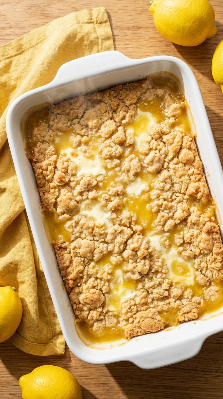 A top-down view of a baking dish filled with golden baked dump cake, showing bubbling yellow lemon filling and creamy white pockets.