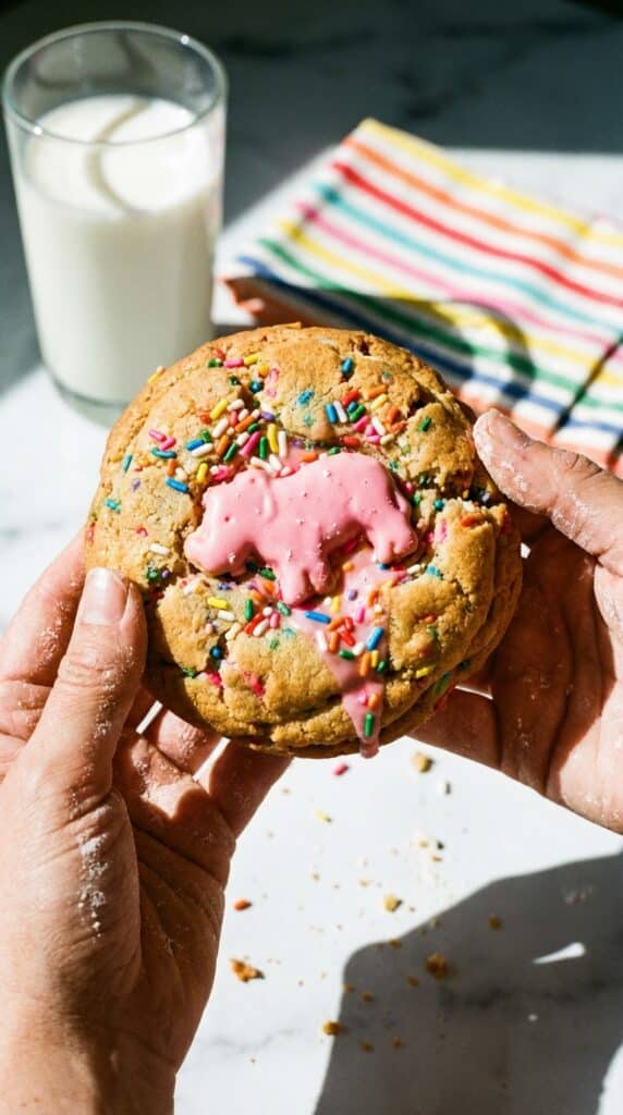 Two hands holding a massive, thick baked cookie topped with a pink frosted animal cookie and rainbow sprinkles, with a glass of milk in the background.