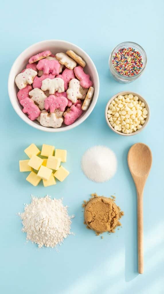 A flat lay showing pink and white frosted animal cookies, rainbow sprinkles, white chocolate chips, cold butter, flour, and sugar on a light blue background.