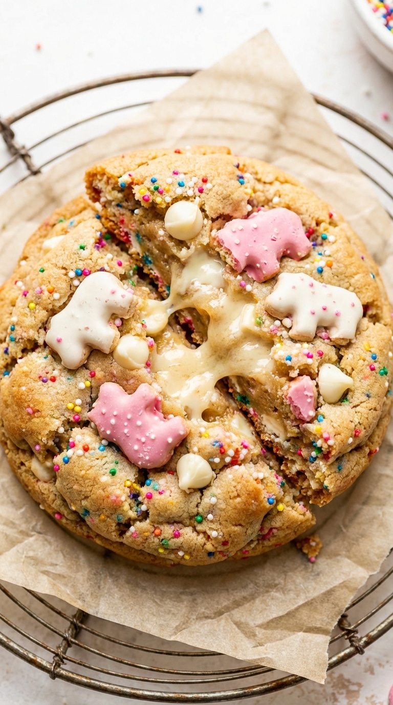 A giant, thick cookie broken in half showing a gooey center filled with white chocolate, rainbow sprinkles, and pink frosted animal cookies.