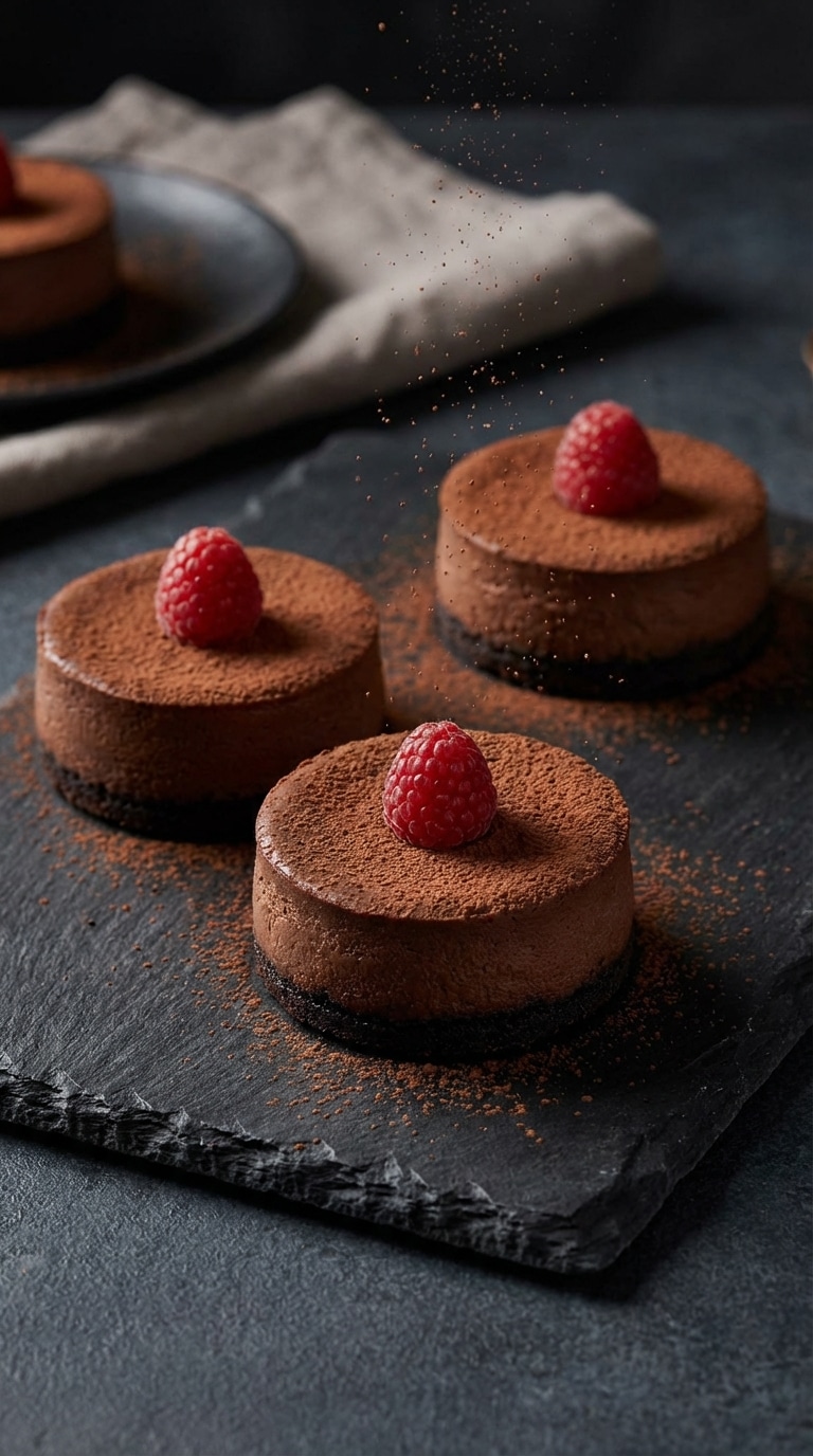 Three mini chocolate cheesecakes on a dark slate board, each topped with a fresh red raspberry and cocoa powder.
