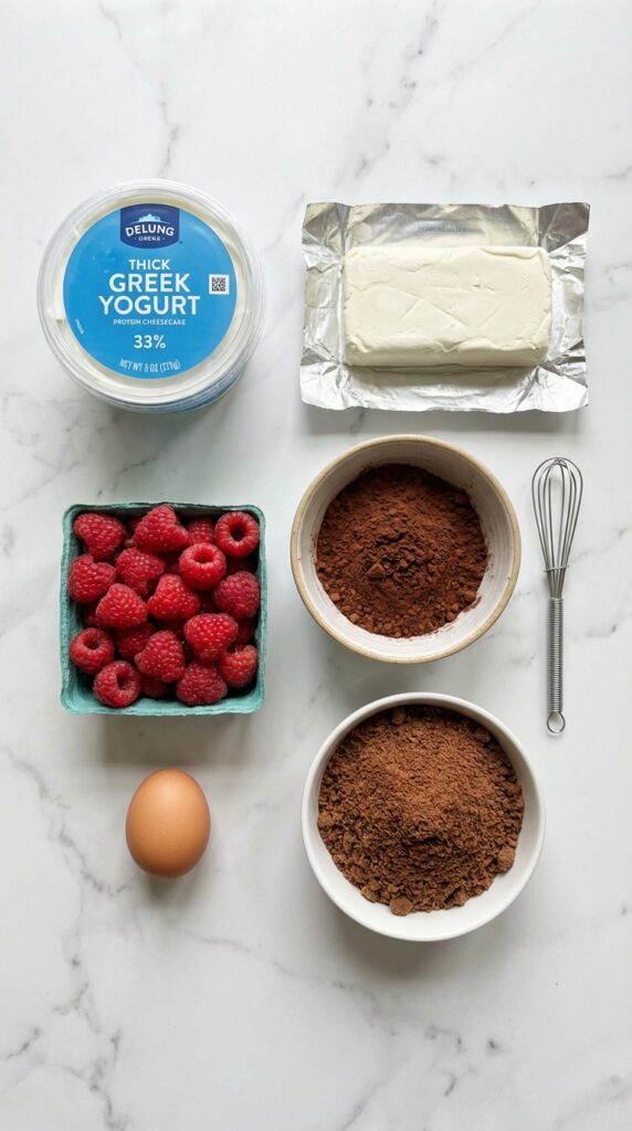 A flat lay showing Greek yogurt, cream cheese, dark cocoa powder, fresh raspberries, an egg, and graham cracker crumbs on a marble board.