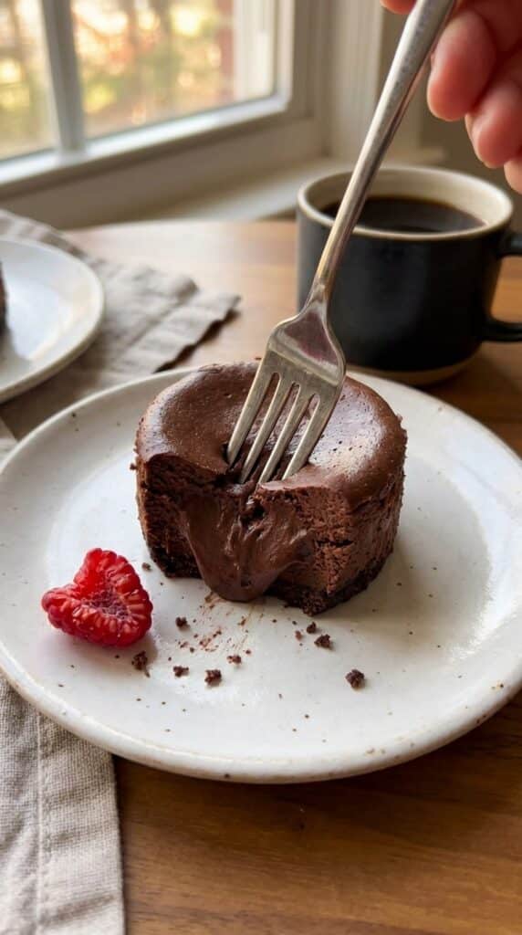 A close-up of a fork cutting into a creamy mini chocolate cheesecake on a white plate with a cup of coffee in the background.