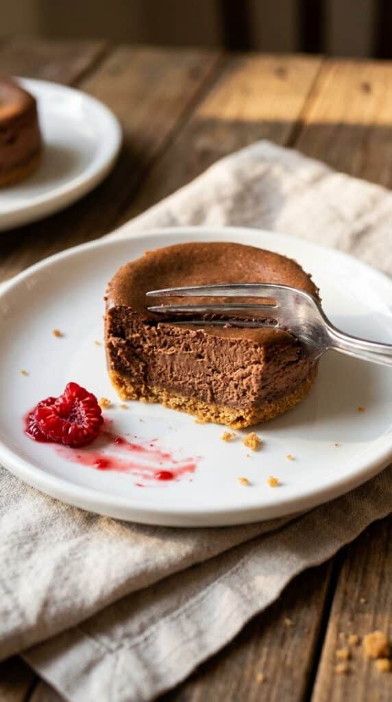 A close-up of a fork cutting into a creamy mini chocolate cheesecake, showing a fudgy interior and a graham cracker crust.
