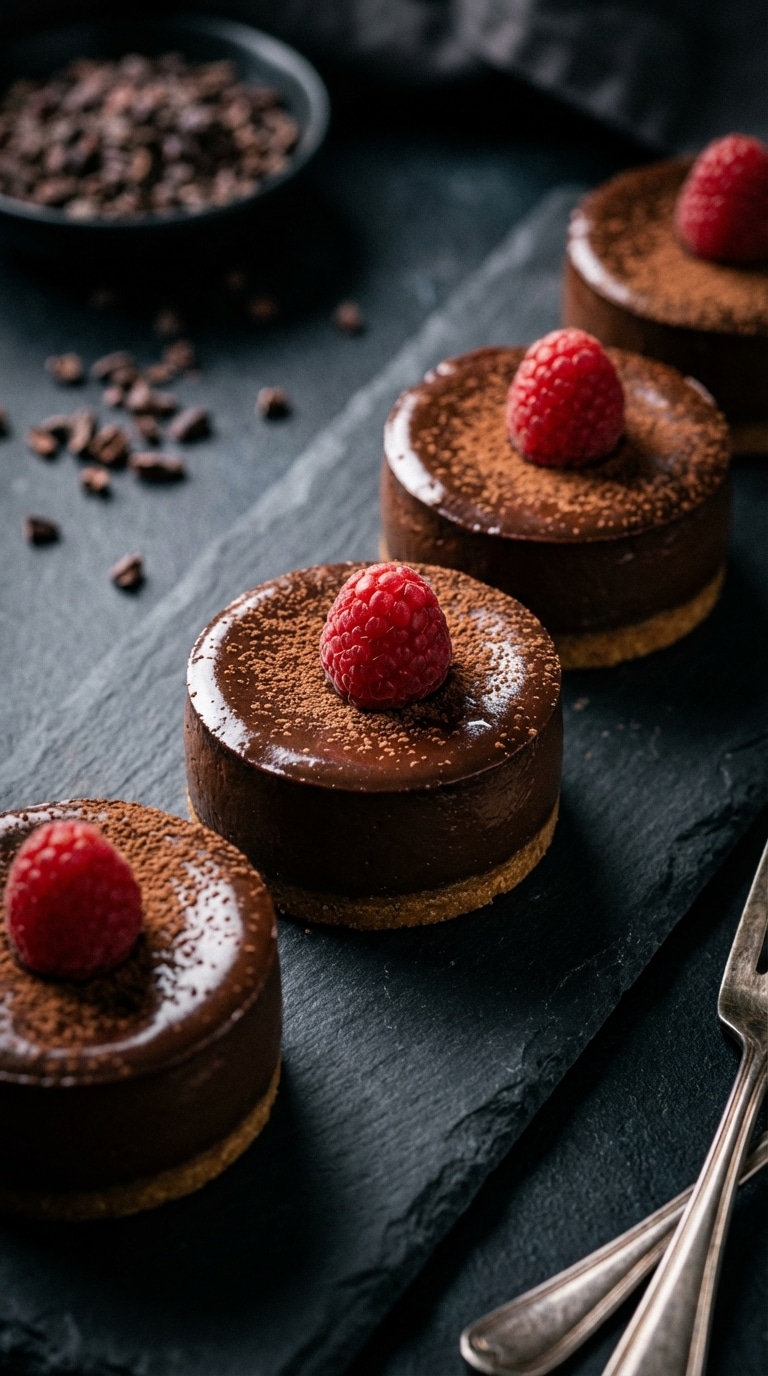 Three mini dark chocolate cheesecakes on a slate board, each topped with a fresh red raspberry and dusted with cocoa.