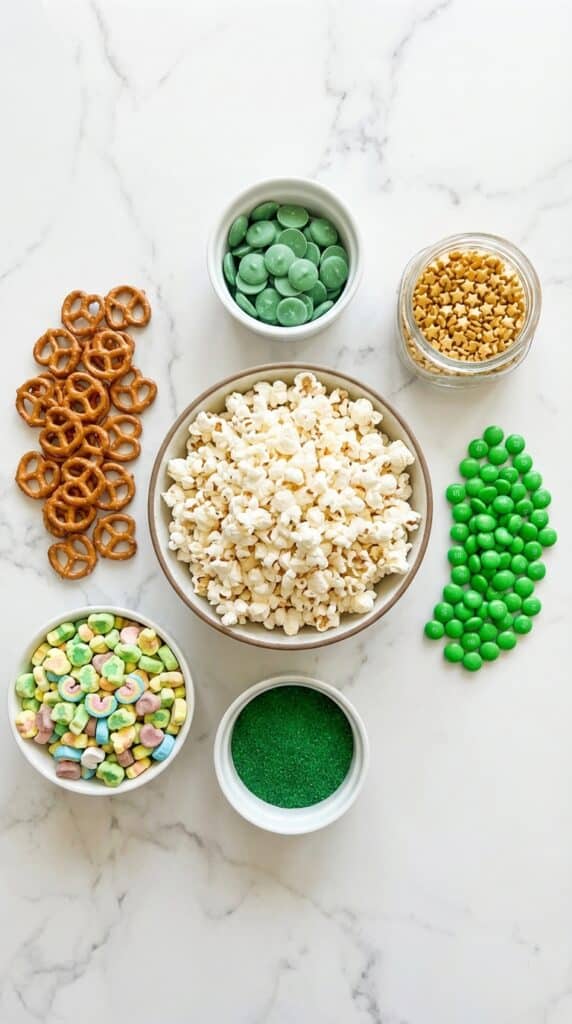 A flat lay showing popcorn, green candy melts, pretzels, green M&Ms, gold sprinkles, and cereal marshmallows on a marble board.
