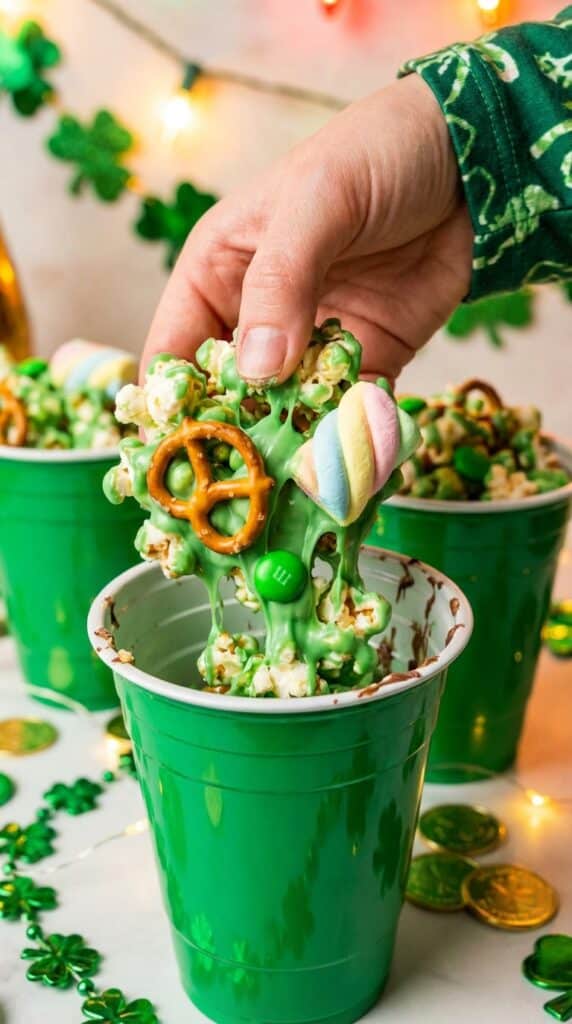 A close-up of a hand holding a cluster of green chocolate-covered popcorn, pretzels, and marshmallows taken from a party cup.