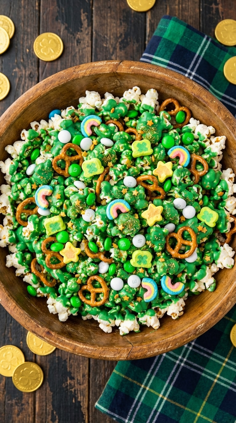A large wooden bowl overflowing with popcorn, pretzels, green M&Ms, and colorful marshmallows drizzled with green chocolate.