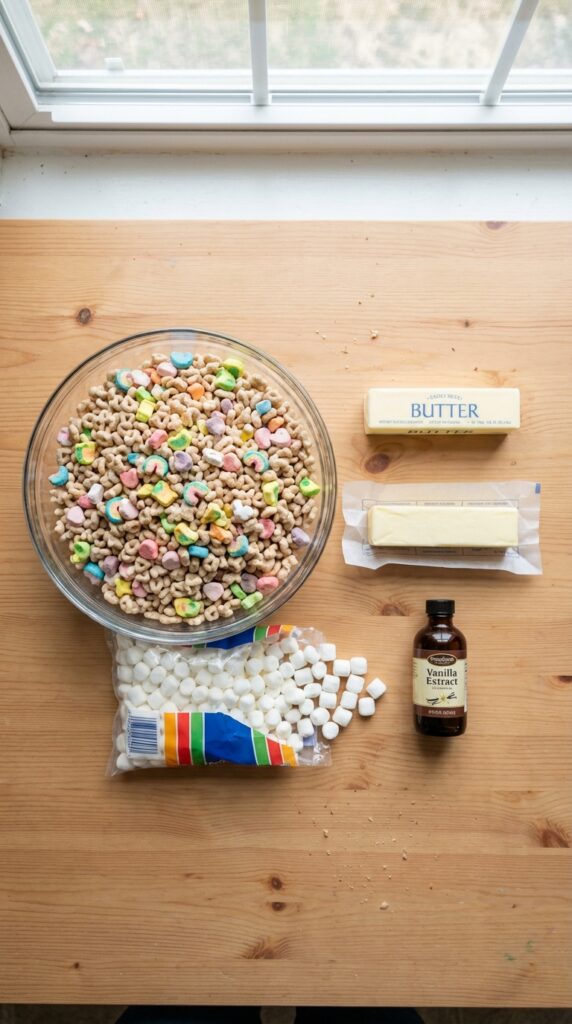 A flat lay showing a bowl of Lucky Charms cereal, mini marshmallows, butter, and vanilla extract on a wooden board.