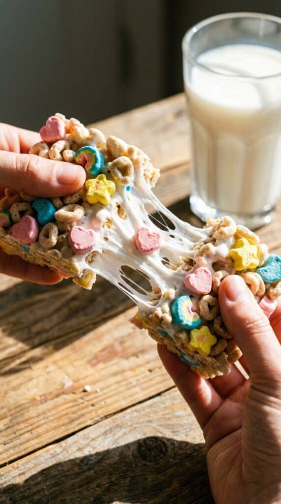 Close-up of hands pulling apart a Lucky Charms cereal bar, showing a long, gooey marshmallow stretch.