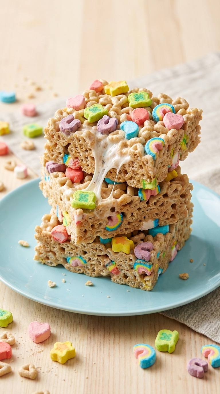 A stack of three gooey Lucky Charms cereal bars on a pastel blue plate, with a marshmallow pull connecting them.
