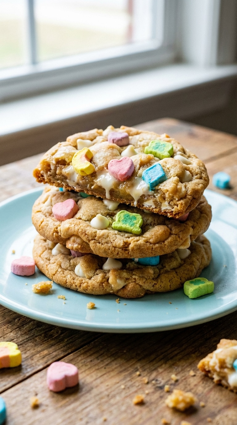 A stack of thick golden cookies filled with white chocolate chips and colorful Lucky Charms marshmallows on a light blue plate.