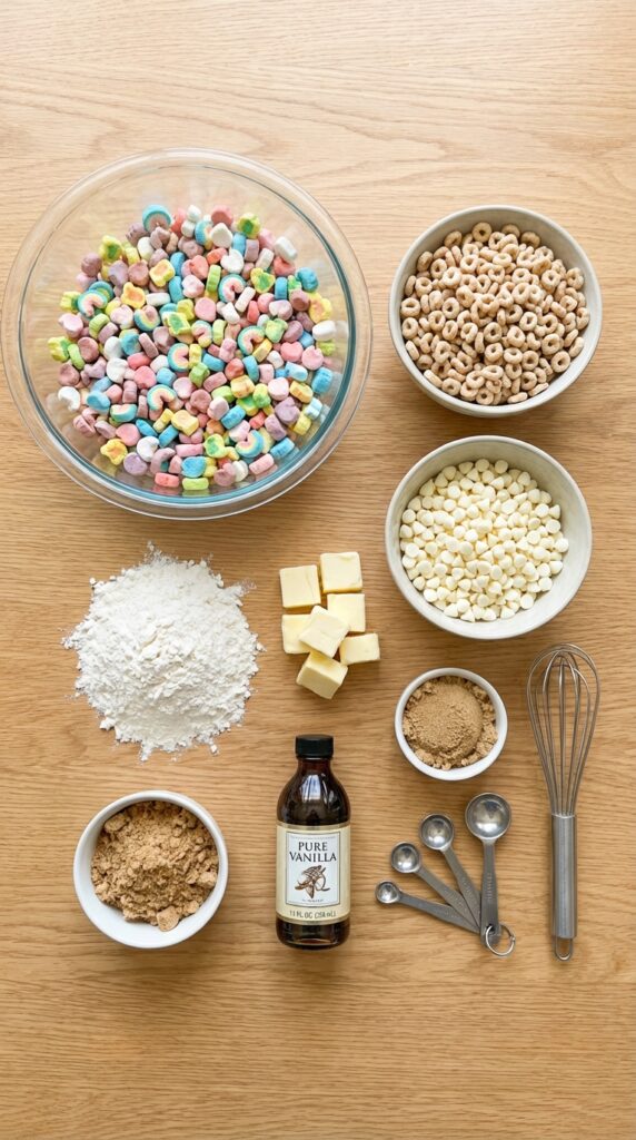 A flat lay showing bowls separated with Lucky Charms marshmallows and cereal pieces, along with butter, flour, brown sugar, and white chocolate.
