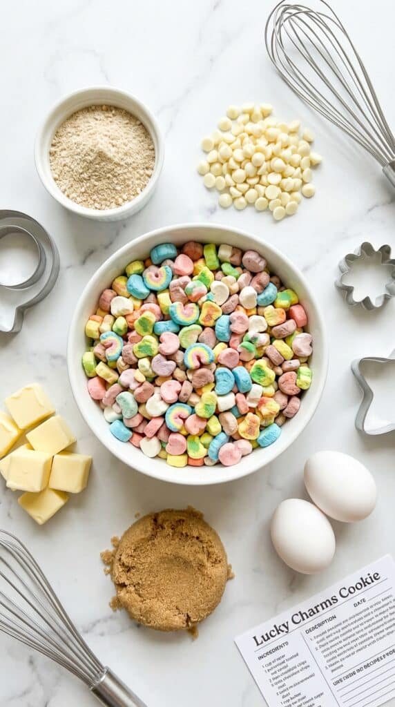 A flat lay showing bowls of colorful cereal marshmallows, crushed cereal dust, butter, sugar, and white chocolate chips on a marble table.