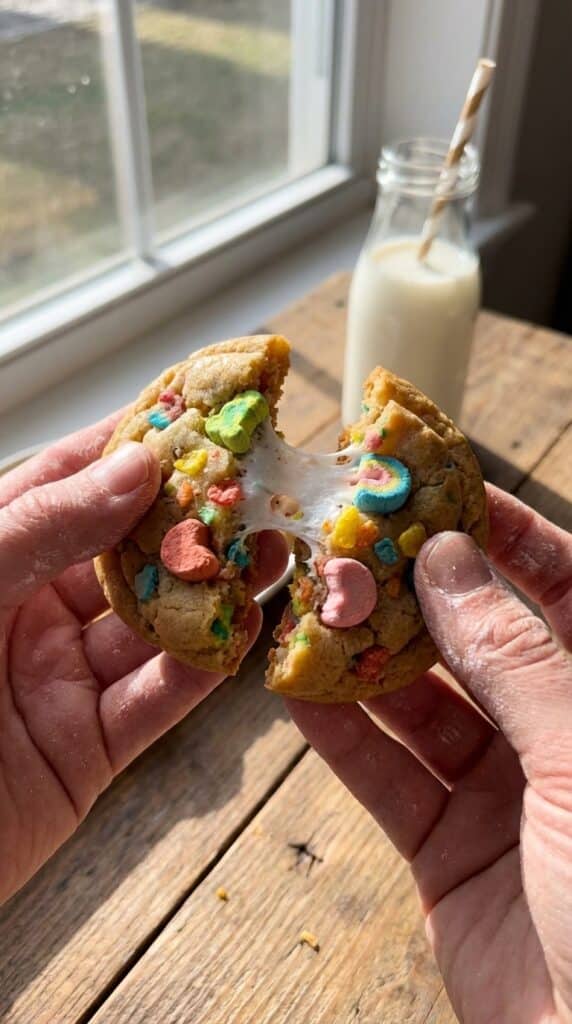 Hands pulling apart a warm Lucky Charms cookie, revealing a soft, gooey center with marshmallows, with milk in the background.