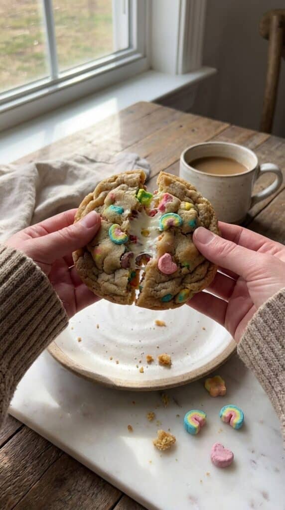 Two hands breaking a soft, chewy Lucky Charms cookie in half, revealing a gooey center with white chocolate and marshmallows.