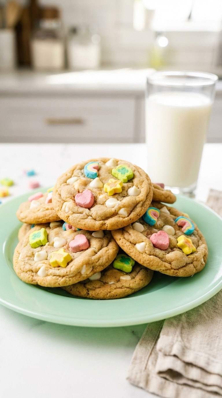 A stack of soft baked cookies loaded with white chocolate chips and colorful Lucky Charms marshmallows on a mint green plate.