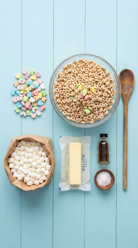 A flat lay showing a bowl of Lucky Charms cereal, mini marshmallows, butter, and vanilla extract on a pastel blue background.