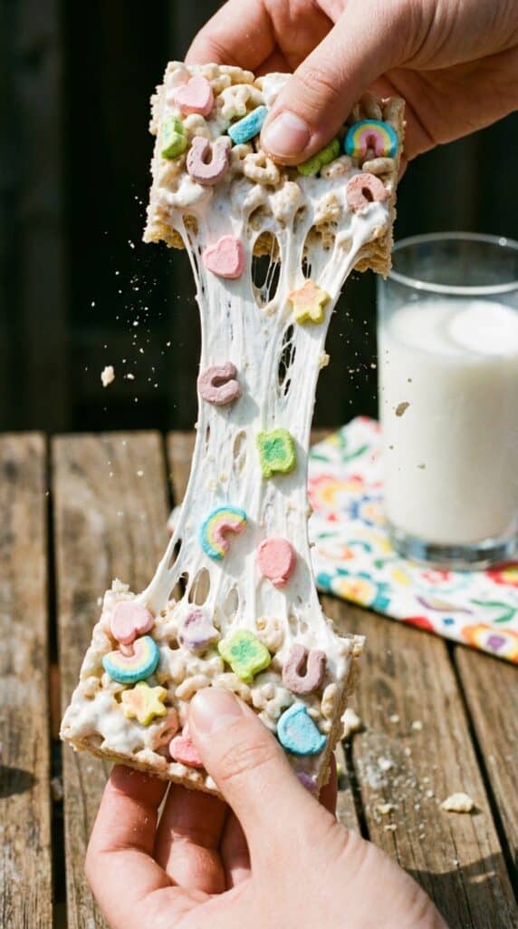 Two hands breaking a Lucky Charms marshmallow treat in half, showing a long, gooey marshmallow stretch.