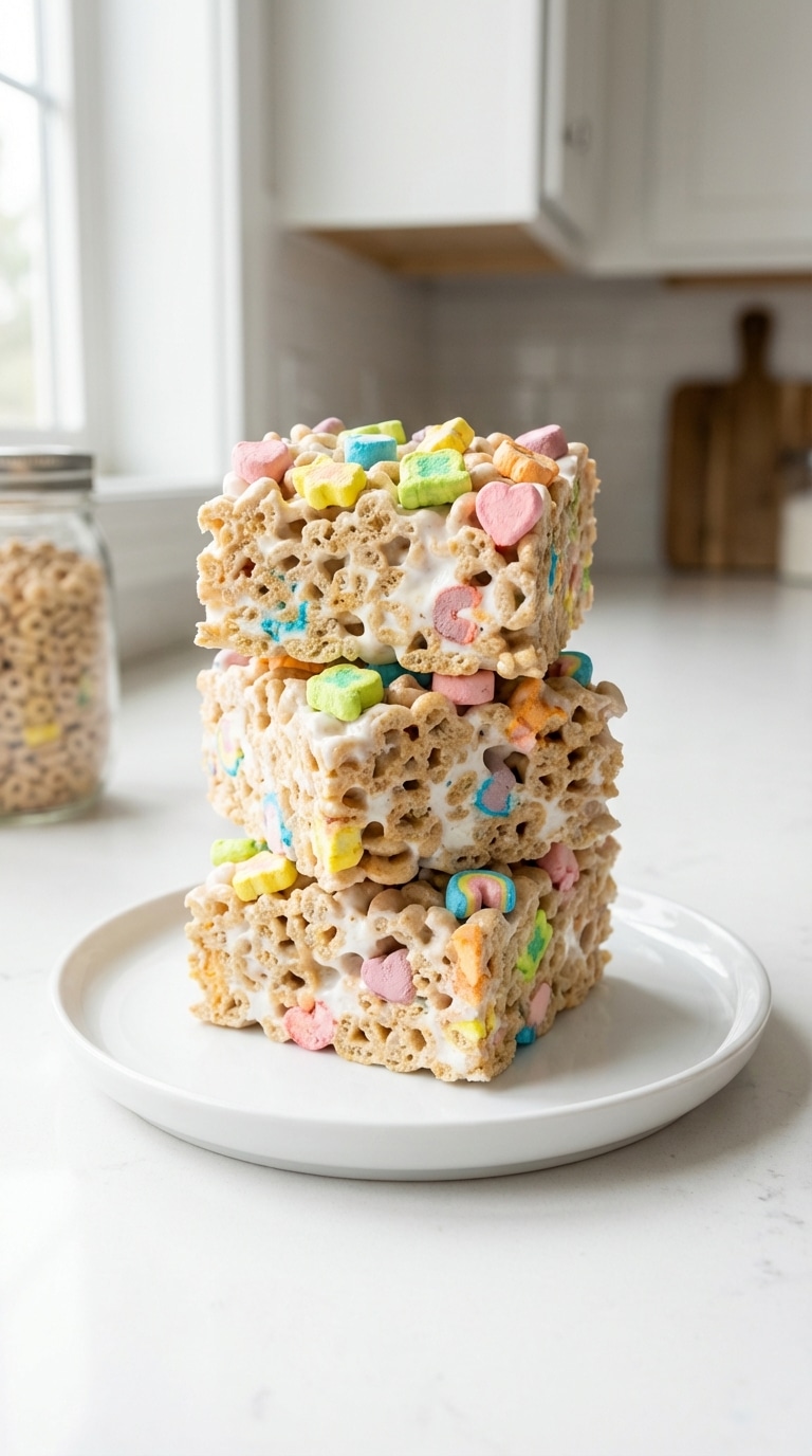 A stack of three thick, gooey Lucky Charms marshmallow treats on a white plate, showing bright pastel marshmallow shapes.