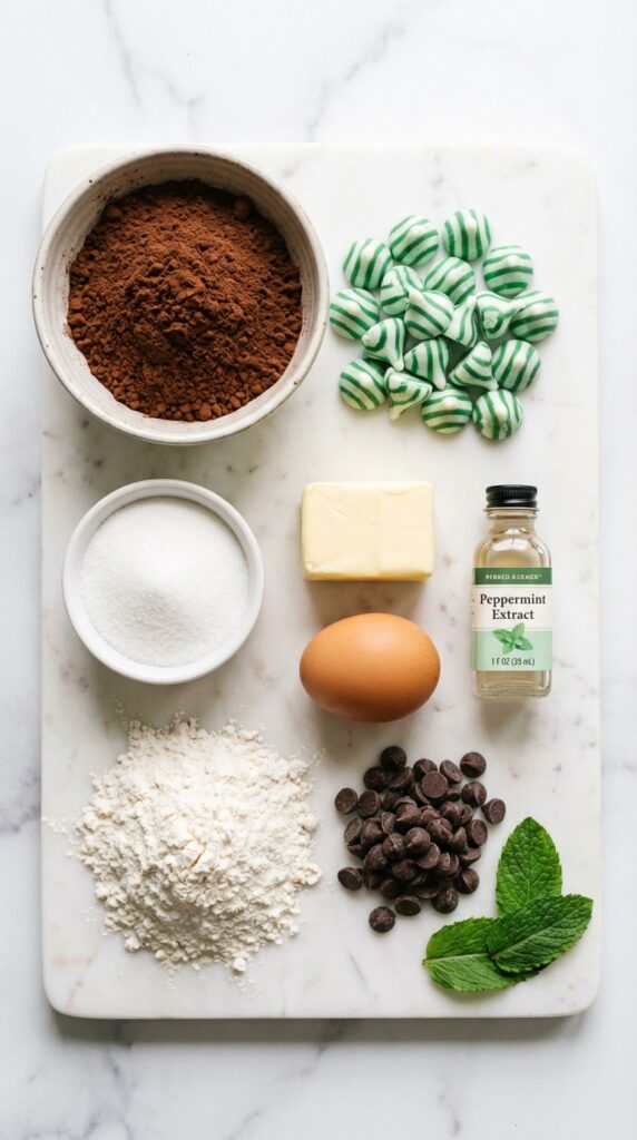 A flat lay showing cocoa powder, unwrapped mint chocolate kisses, butter, sugar, and an egg on a marble board.