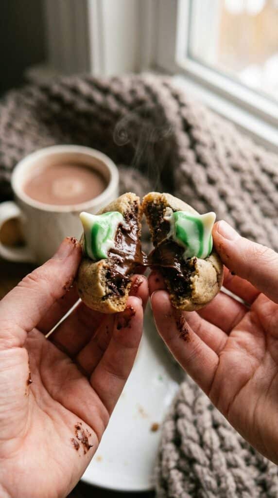 Hands breaking a warm chocolate mint blossom cookie in half, showing a soft, fudgy center and a melting mint kiss.