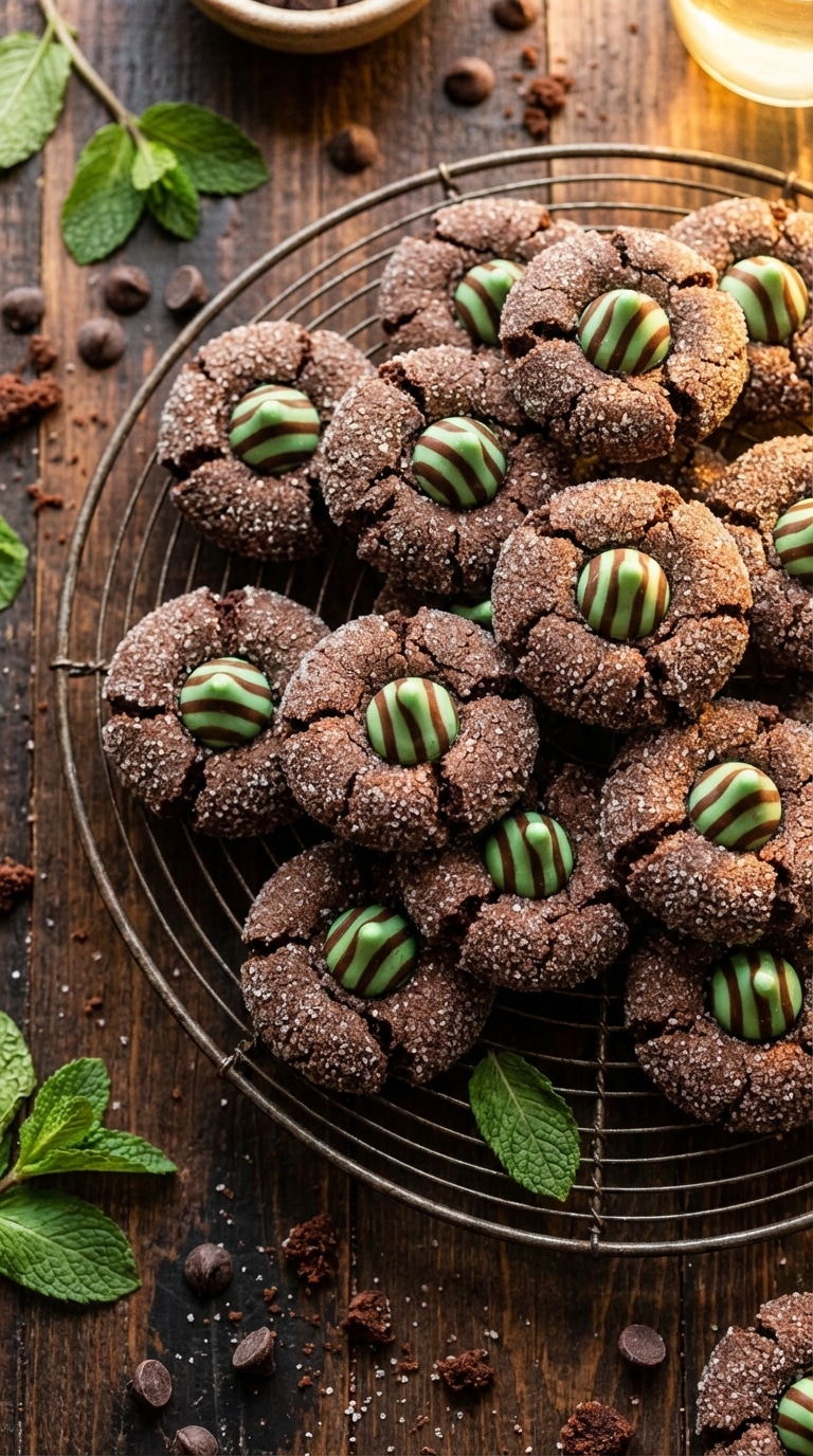 A wire cooling rack filled with dark chocolate cookies rolled in sugar, each topped with a green-striped mint chocolate kiss.
