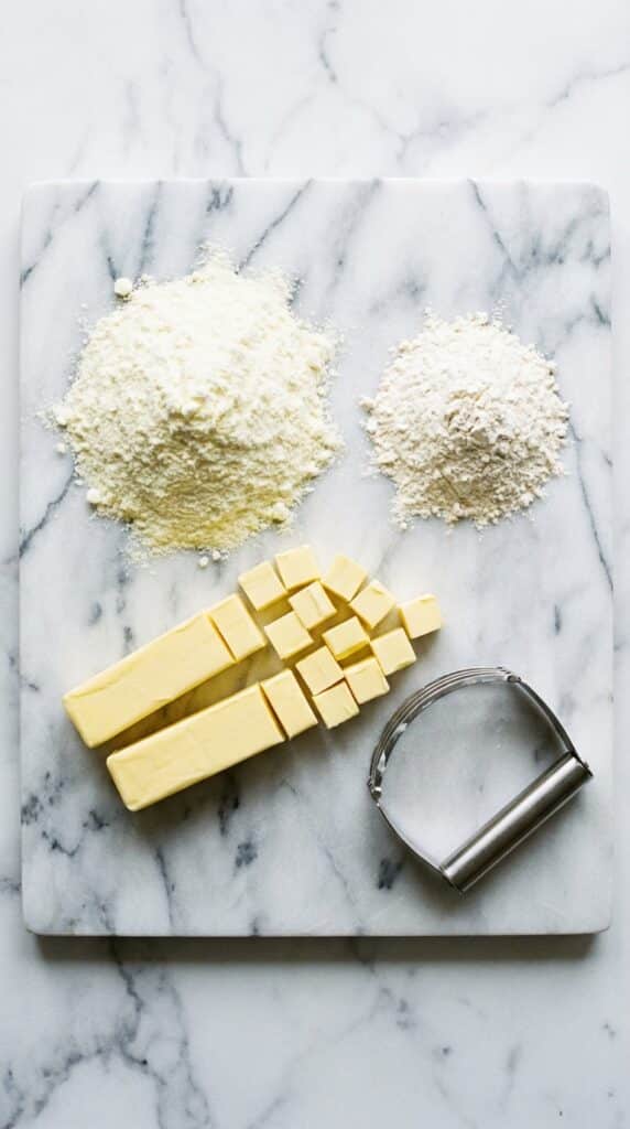 A flat lay showing dry milk powder, flour, cubed butter, and a pastry cutter on a marble board.