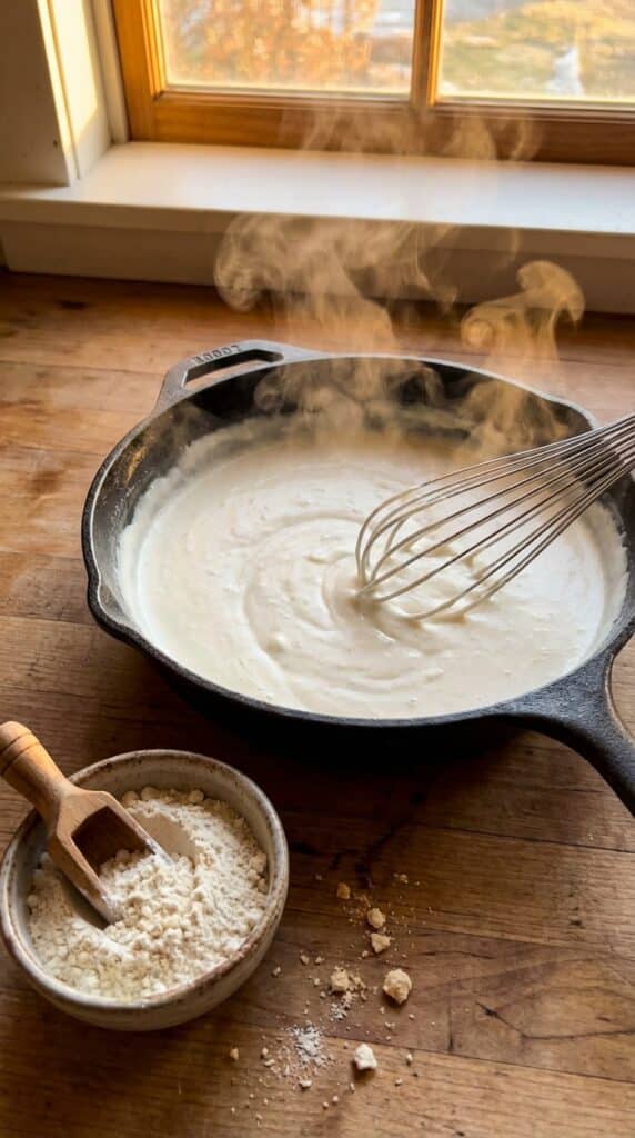 A close-up of a whisk stirring a thick, bubbling creamy white sauce in a skillet with dry powder mix nearby.