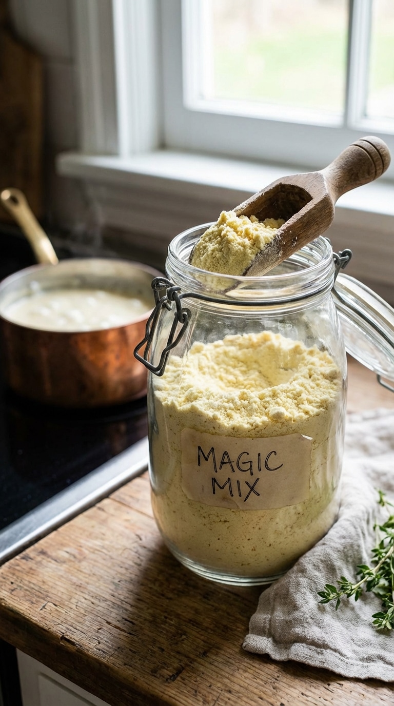 A glass mason jar filled with powdery homemade cream soup mix with a wooden scoop on a rustic counter.