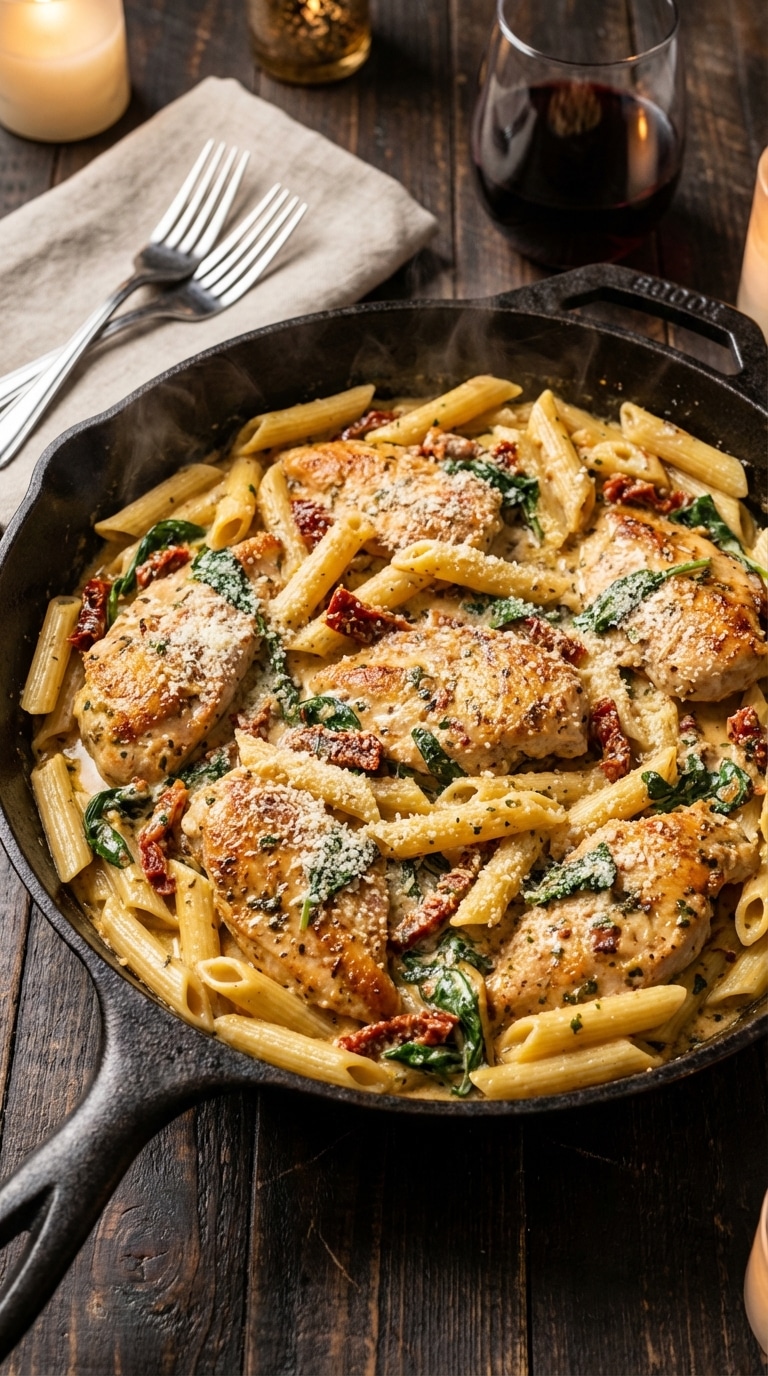 A top-down view of a skillet filled with creamy chicken pasta, sun-dried tomatoes, and spinach, garnished with parmesan.