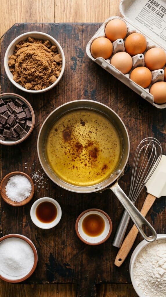 A flat lay showing a saucepan of browned butter, dark brown sugar, chocolate chunks, eggs, and sea salt on a dark wooden board.