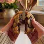 A close-up of hands breaking a warm chocolate chunk cookie in half, showing a gooey center and stretching melted chocolate.