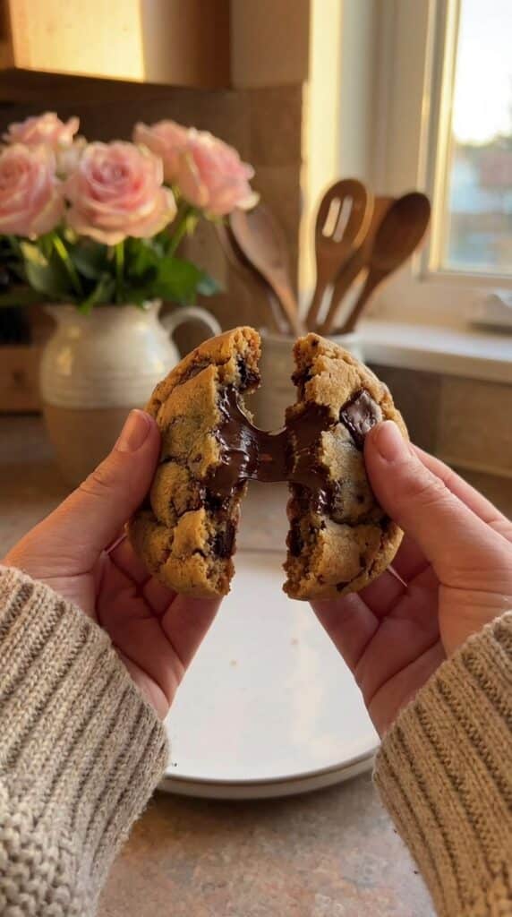 A close-up of hands breaking a warm chocolate chunk cookie in half, showing a gooey center and stretching melted chocolate.
