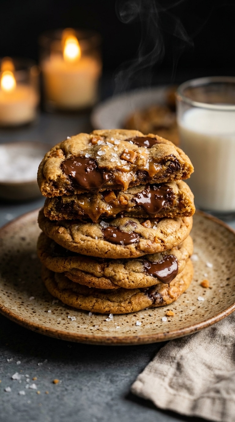 A stack of warm, golden brown chocolate chunk cookies with melted chocolate pools and flaky sea salt in romantic lighting.