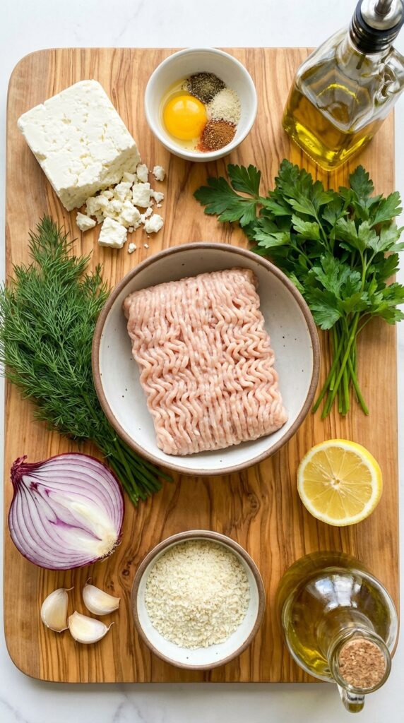 A flat lay showing ground chicken, feta cheese, fresh dill, parsley, red onion, lemon, and breadcrumbs on an olive wood board.