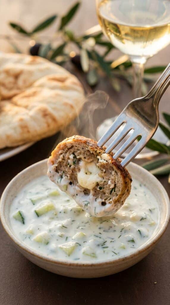 A close-up of a fork holding a halved chicken meatball with visible feta inside, dipping it into creamy tzatziki sauce.